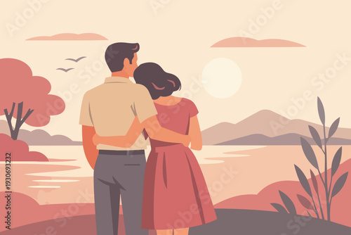 Couple embracing and watching sunset over lake, symbolizing love and togetherness