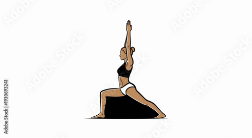 Woman in warrior pose, dark top, white bottoms, arms raised