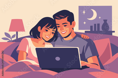 Couple enjoying movie night in bed, streaming online content on laptop