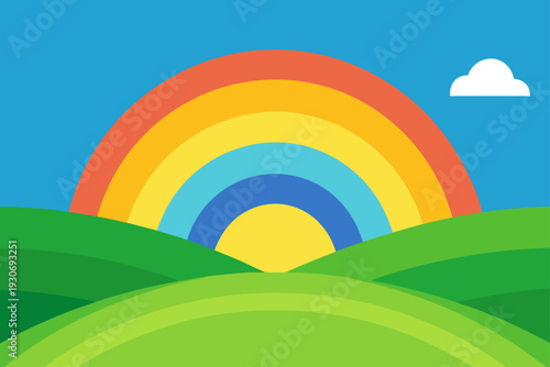 Vector illustration of a colorful rainbow over green hills
