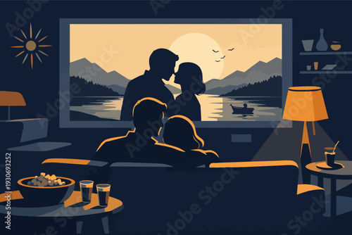 Loving couple watching romantic movie at home, enjoying cozy date night together