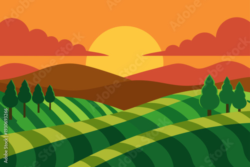 Vector landscape with sunset over hills and fields