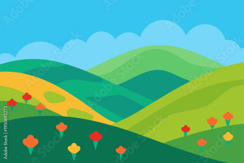 Vector illustration of green hills with colorful flowers