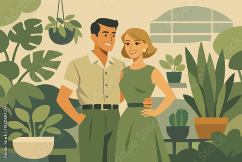 Happy couple standing among houseplants in a mid-century style greenhouse