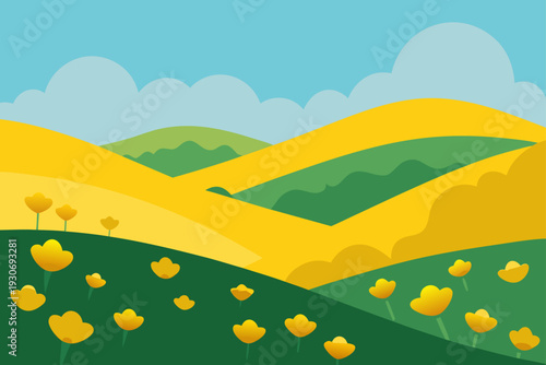 Vector landscape with yellow flowers and green hills