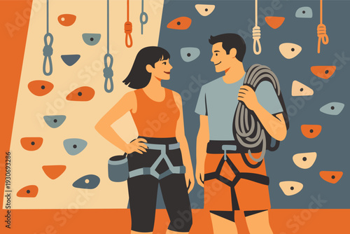 Happy couple standing at a climbing wall, ready for bouldering sport and exercise
