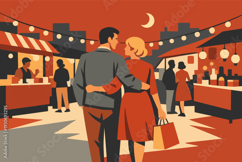 Couple embracing while walking through a vibrant night market and street fair