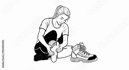 Woman massages sore foot after wearing hiking boots