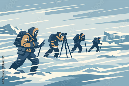 Expedition team exploring polar landscape in blizzard conditions, conducting research