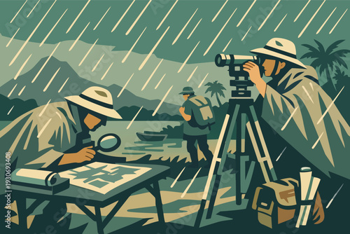 Survey team working in the rain, mapping, exploring, and planning outdoor expedition