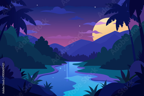 Vector tropical landscape with river and palm trees at sunset