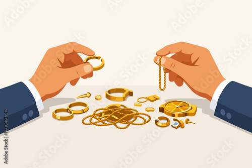 Hands holding gold jewelry, evaluating valuable items for pawn, sale, or investment