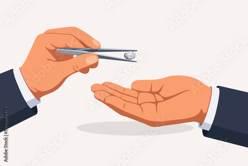 Hand offering a diamond or gem quality stone with tweezers illustrating trade and deal