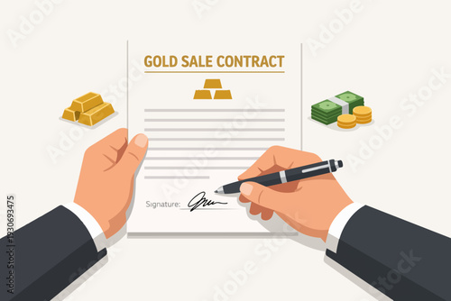 Business hands signing gold sale contract, investing in precious metals