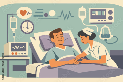 Nurse caring for smiling patient in hospital room showing medical recovery