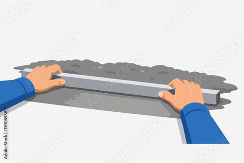 Builder's hands spreading and leveling wet concrete with a screed tool