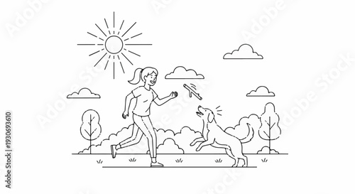 Woman playing fetch with her dog under a sunny sky with clouds and trees