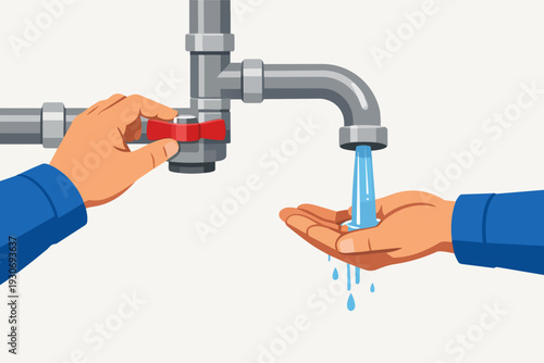 Person managing water supply from pipe system, turning valve to save resource