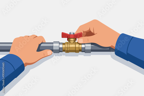 Plumber turning valve on pipe, checking water or gas supply system