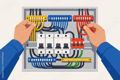 Electrician installing wires in a circuit breaker box, performing electrical maintenance