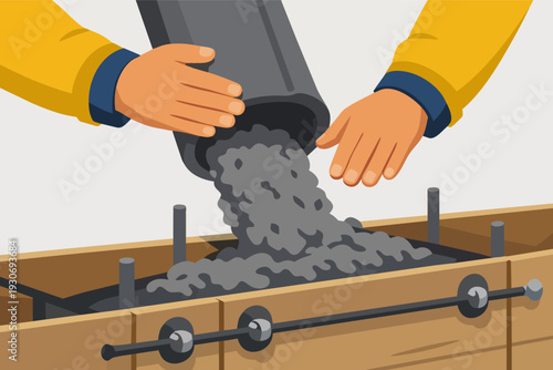 Worker hands pouring wet concrete into formwork for building foundation