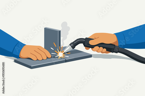 Worker welding metal pieces, sparks flying from electric arc, industrial fabrication