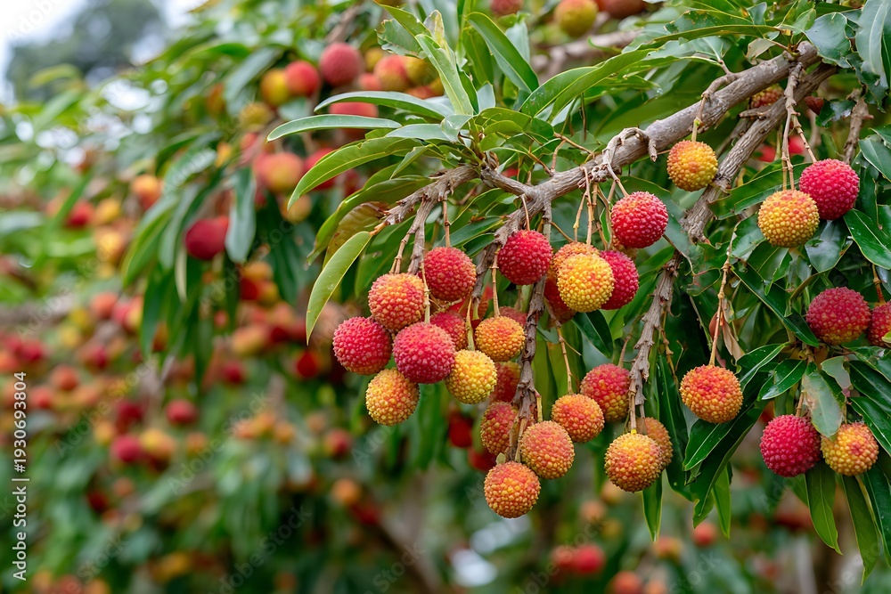 Obraz premium Lychee fruit ripening on tropical tree branch