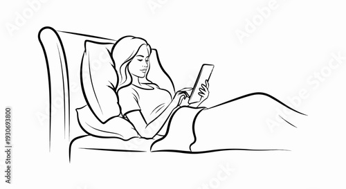 Woman relaxing in bed, engrossed in her digital tablet, a modern scene