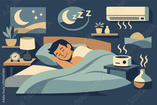 Person sleeping soundly in bedroom at night with air conditioning and humidifier