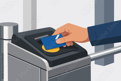 Person tapping contactless payment card on a public transport access gate