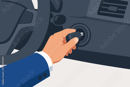 Hand inserting car key into ignition, starting vehicle engine