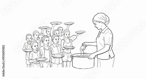 Woman serves food to children in line, each holding a plate