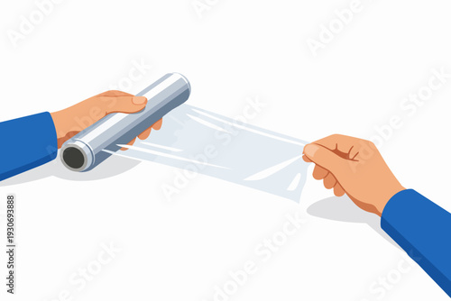 Hands stretching food cling wrap from a roll for packaging and preserving food
