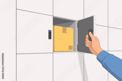 Customer opening locker door, retrieving parcel from automated delivery service