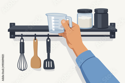 Hand picking measuring cup from kitchen shelf with cooking utensils and spice jars