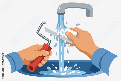 Painter hands cleaning paint roller under running water in sink