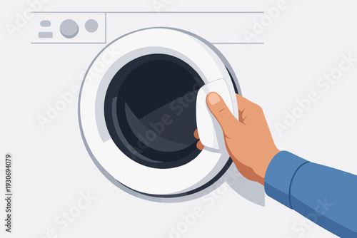 Hand opening washing machine door, doing laundry and household chores