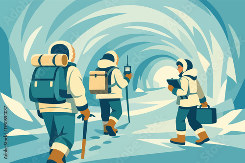 Researchers exploring extreme arctic ice cave during scientific expedition