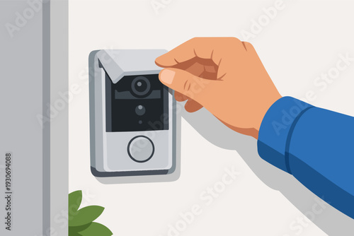 Hand covering doorbell camera lens, blocking surveillance for privacy