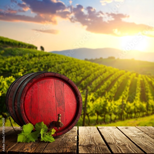 Wine barrel at vineyard with sunset, rustic charm and scenic beauty.