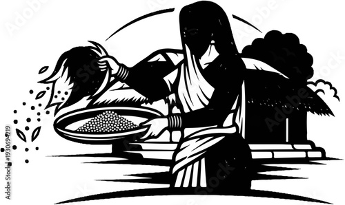 Woman winnowing grain outside a thatched hut under a curved arc