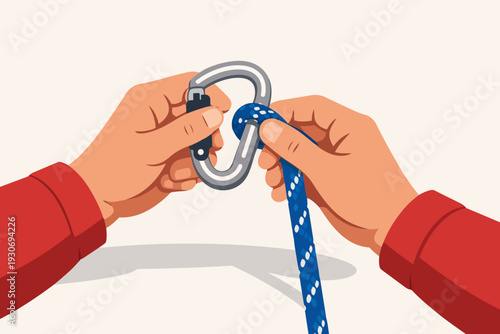 Hands securing blue climbing rope with a metal carabiner for outdoor safety