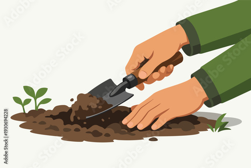Hands planting a young sapling in soil with a trowel, symbolizing growth