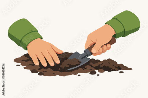 Hands working with a small shovel, planting and caring for soil