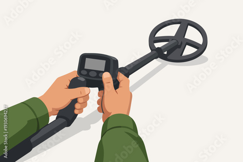 Person holding a metal detector device, searching for treasure