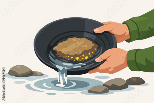 Gold panning in river, finding nuggets, prospecting for wealth and fortune