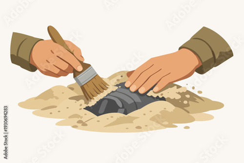 Archaeologist hands carefully excavating an ancient artifact from the sand