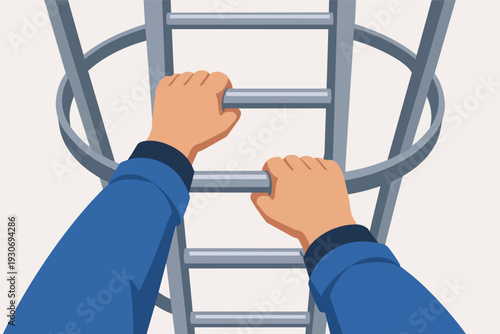 Person climbing a ladder with hands gripping rungs for progress and growth
