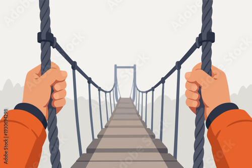 Person holding a rope bridge, walking across a challenging path towards a goal