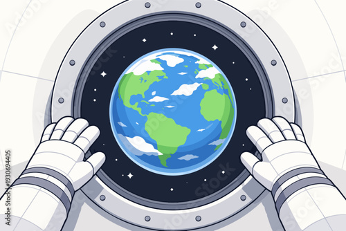 Astronaut looking at earth through spaceship window, exploring space and universe